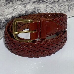 Non-Brand Brown Leather Braided Belt with Brass Buckle